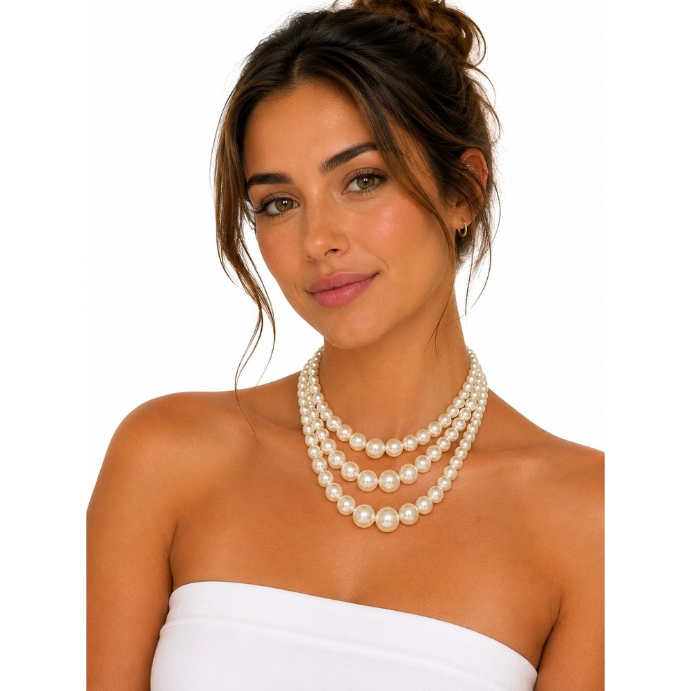 Vintage Triple Strand Faux Pearl Necklace Graduated Choker Wedding Classic 17"